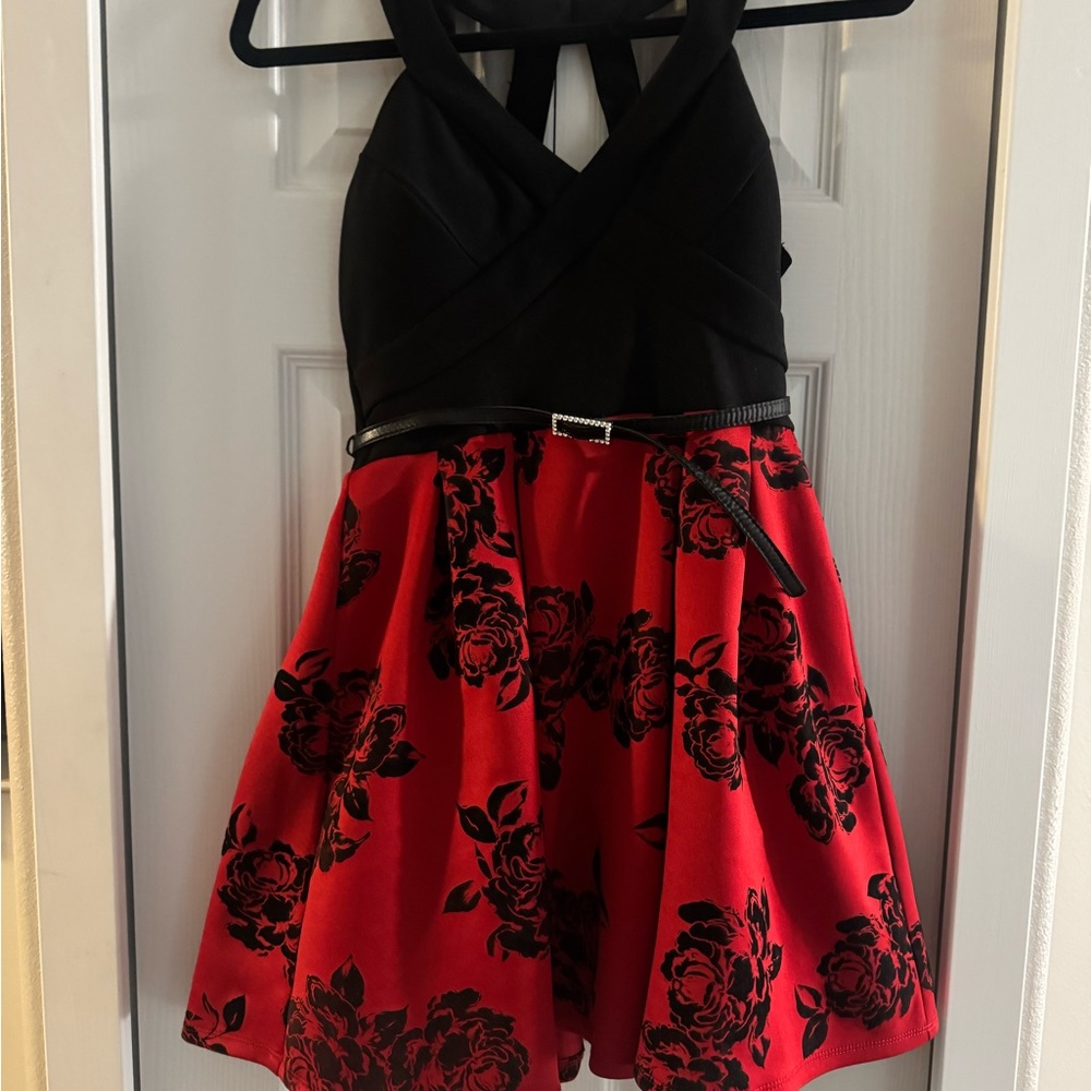 Crystal Doll Black & Red Floral Halter Fit-and-Flare Dress